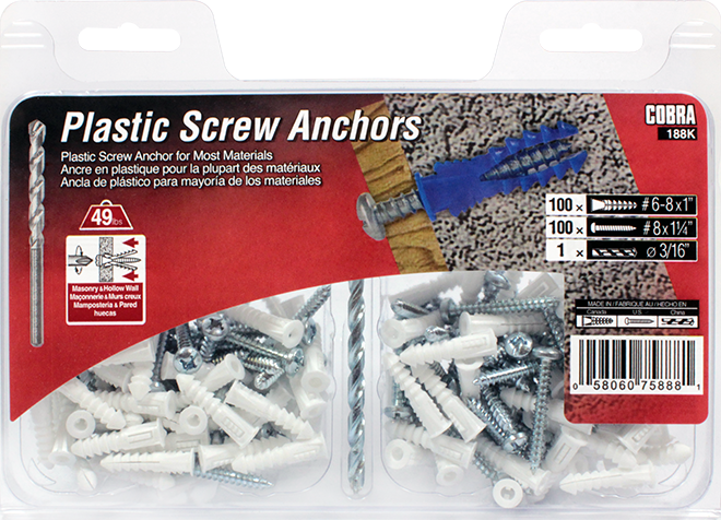 3/16" Hole 1" Length  #6 Screw Expanding Plastic White Screw Anchors